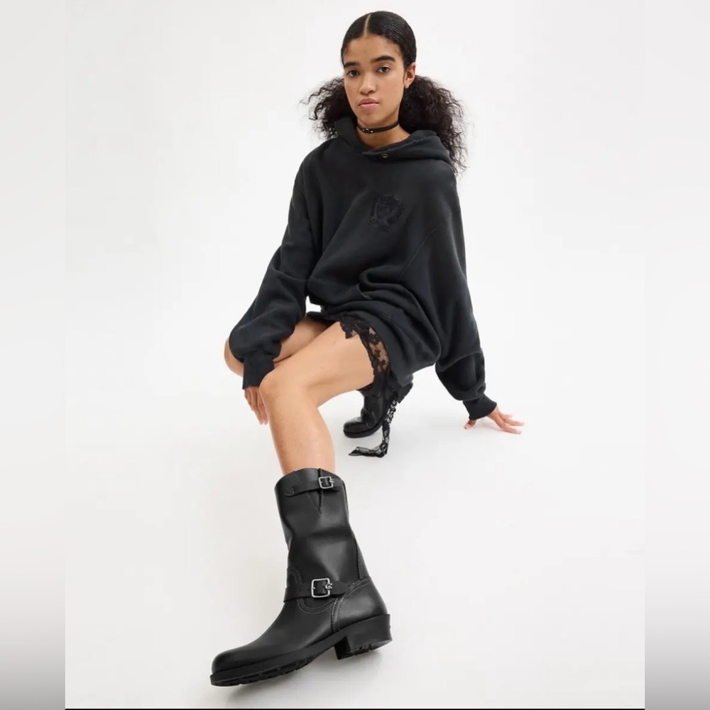 COACH Women's Dawn Black Leather Moto Pull-On Harness Biker Boots Size 5.5 B